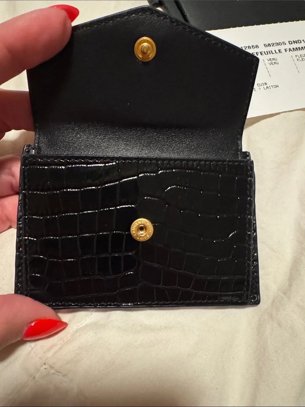 🆕NWT- YSL Uptown Croc embossed Leather Card Holder- gold YSL